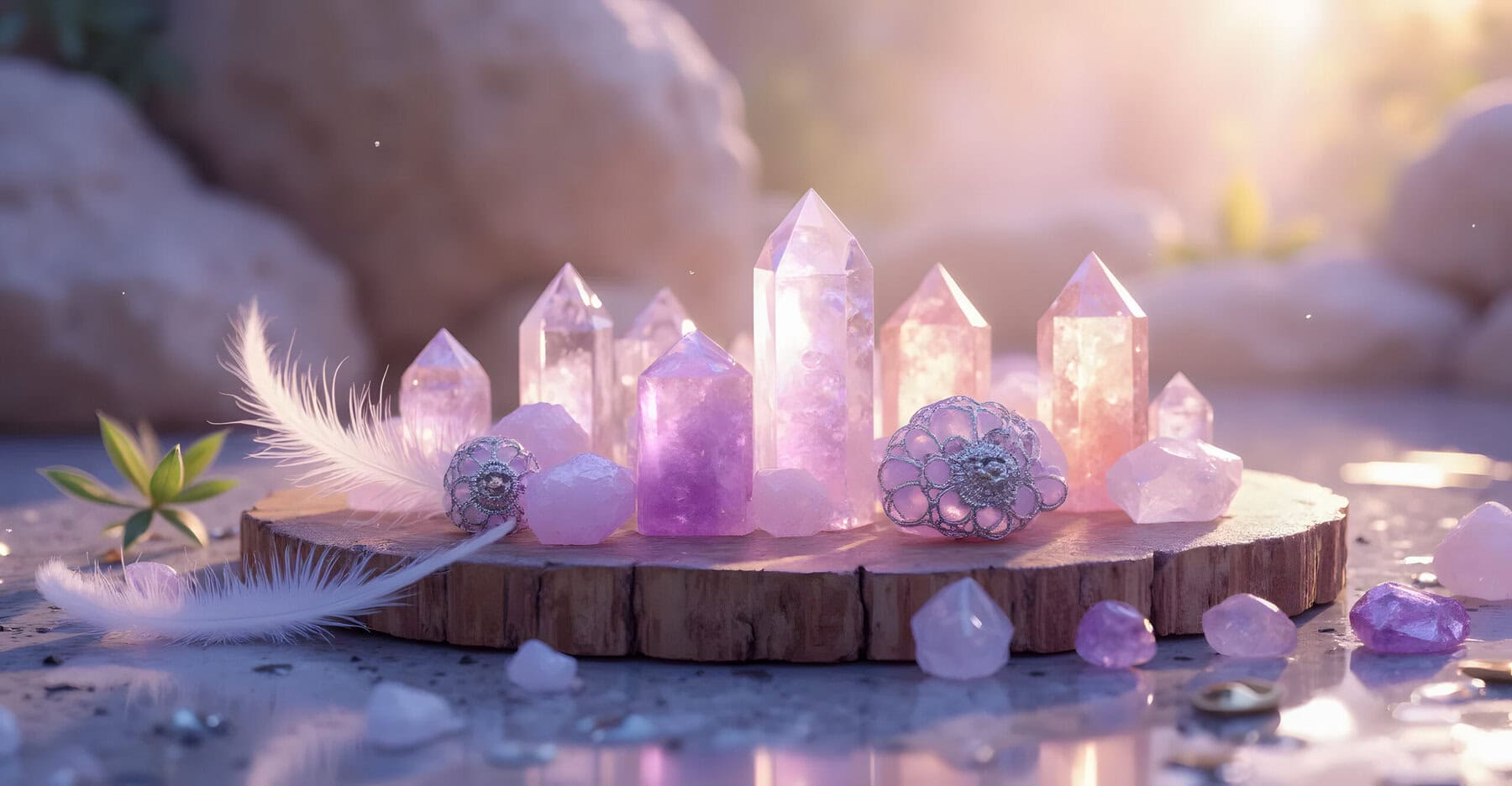Shiny quartz crystal and amethyst in a magical boho chic set up- AI generated