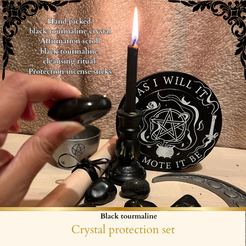 Black Tourmaline Crystal Protection Set – With Witch Crafted Affirmations & Intention Ritual